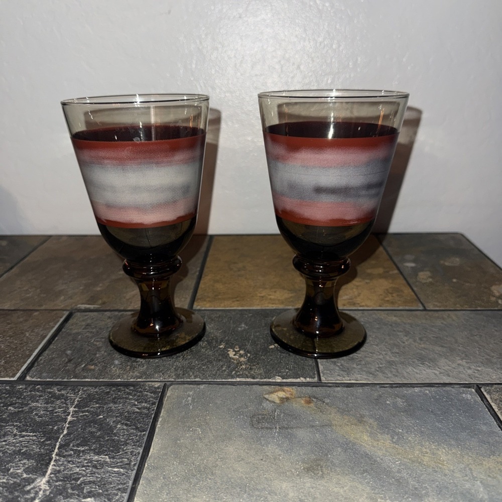 2 Libbey Sango Nova Brown Stem 7" Wine Water Drink Goblet Glass Set Vintage